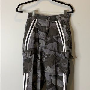 DARK GREY CAMO JOGGERS WITH WHITE AND BLACK STRIPE